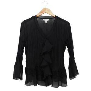 Michelle Michelle Black Ruffle Front Bell Sleeve Sheer Blouse Top Size S Y2K